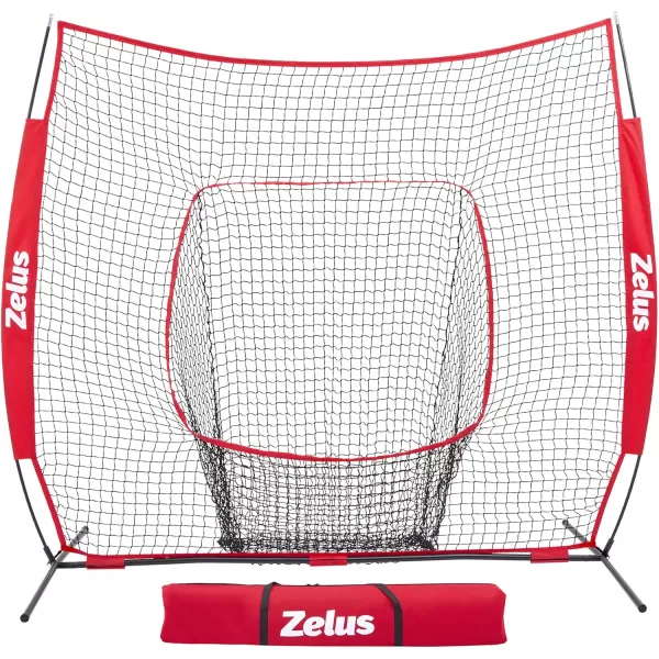 ZELUS 7 ft x7 ft Baseball Net Softball Hitting and Pitching Net with Carry Bag Ground Stakes Portable Baseball Backstop Net with Bow Frame Baseball Training Equipment for All AgesRed