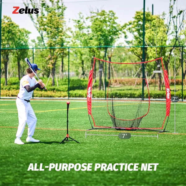 ZELUS 7 ft x7 ft Baseball Net Softball Hitting and Pitching Net with Carry Bag Ground Stakes Portable Baseball Backstop Net with Bow Frame Baseball Training Equipment for All AgesRed