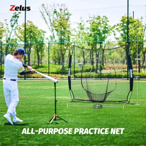 ZELUS 7 ft x7 ft Baseball Net Softball Hitting and Pitching Net with Carry Bag Ground Stakes Portable Baseball Backstop Net with Bow Frame Baseball Training Equipment for All AgesBlack