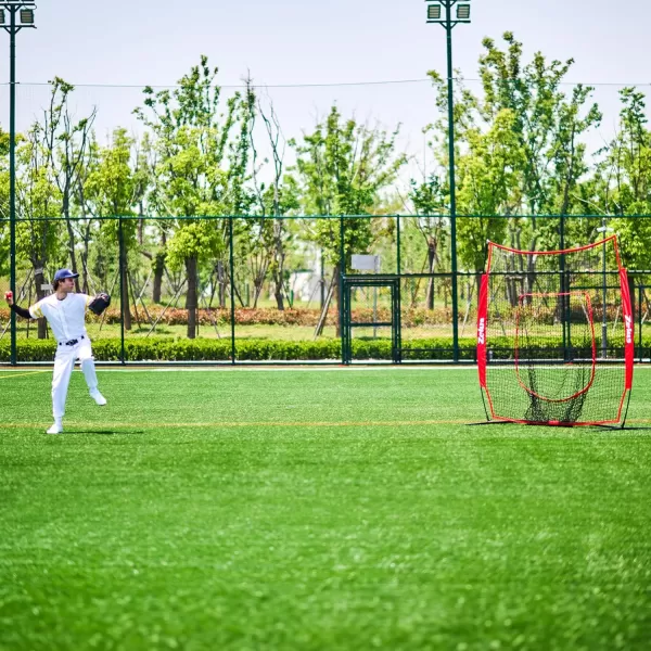 ZELUS 7 ft x7 ft Baseball Net Softball Hitting and Pitching Net with Carry Bag Ground Stakes Portable Baseball Backstop Net with Bow Frame Baseball Training Equipment for All AgesRed