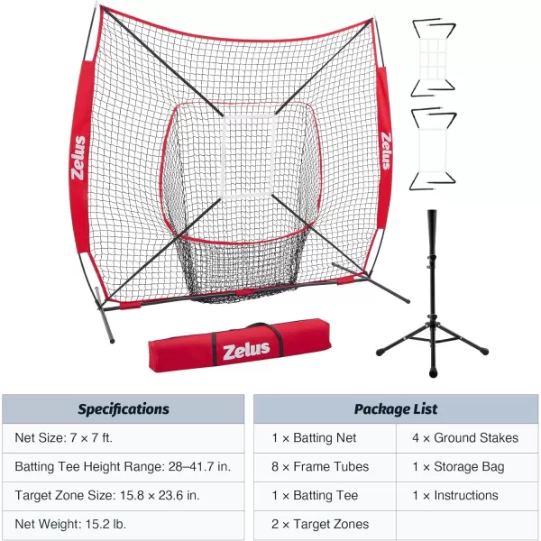 ZELUS 7x7 ft Baseball Net Hitting and Pitching Net with Adjustable Batting Tee 2 Strike Zone Portable Baseball Backstop Net with Carry Bag Great for All Skill LevelsRed