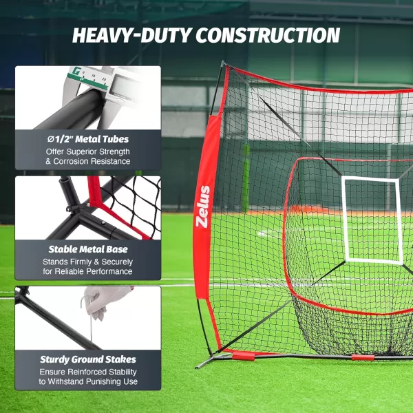ZELUS 7x7 ft Baseball Net Hitting and Pitching Net with Adjustable Batting Tee 2 Strike Zone Portable Baseball Backstop Net with Carry Bag Great for All Skill LevelsRed