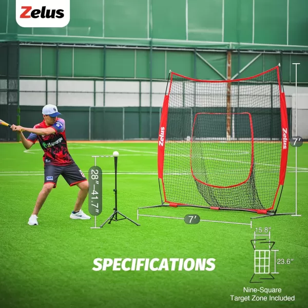 ZELUS 7x7 ft Baseball Net Hitting and Pitching Net with Adjustable Batting Tee 2 Strike Zone Portable Baseball Backstop Net with Carry Bag Great for All Skill LevelsRed