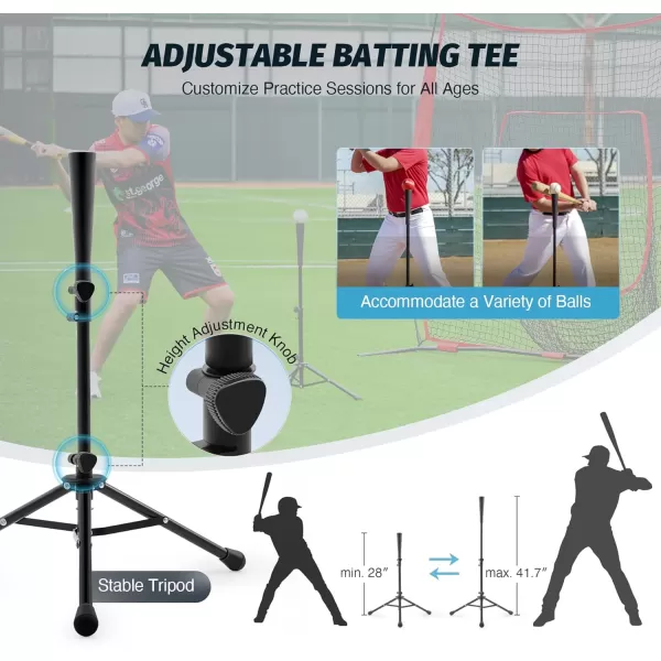 ZELUS 7x7 ft Baseball Net Hitting and Pitching Net with Adjustable Batting Tee 2 Strike Zone Portable Baseball Backstop Net with Carry Bag Great for All Skill LevelsRed