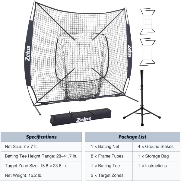 ZELUS 7x7 ft Baseball Net Hitting and Pitching Net with Adjustable Batting Tee 2 Strike Zone Portable Baseball Backstop Net with Carry Bag Great for All Skill LevelsBlack
