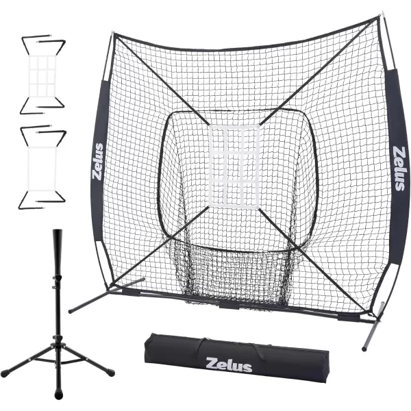 ZELUS 7x7 ft Baseball Net Hitting and Pitching Net with Adjustable Batting Tee 2 Strike Zone Portable Baseball Backstop Net with Carry Bag Great for All Skill LevelsBlack