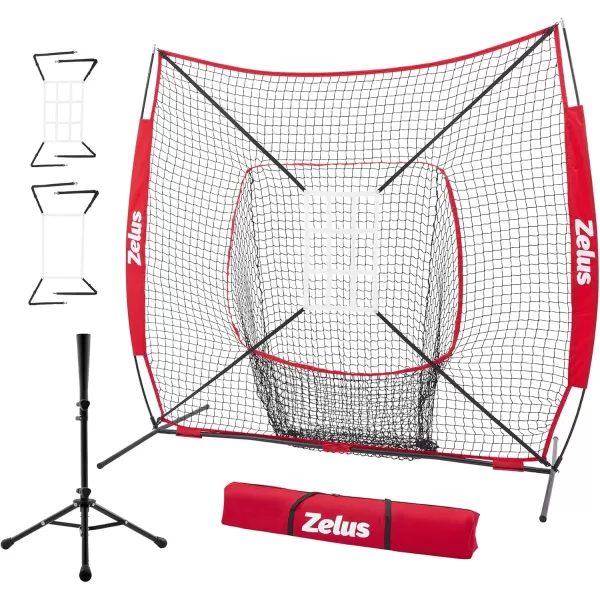 ZELUS 7x7 ft Baseball Net Hitting and Pitching Net with Adjustable Batting Tee 2 Strike Zone Portable Baseball Backstop Net with Carry Bag Great for All Skill LevelsRed