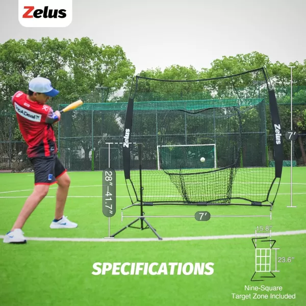 ZELUS 7x7 ft Baseball Net Hitting and Pitching Net with Adjustable Batting Tee 2 Strike Zone Portable Baseball Backstop Net with Carry Bag Great for All Skill LevelsBlack