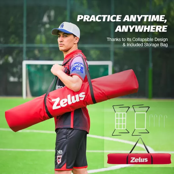 ZELUS 7x7 ft Baseball Net Hitting and Pitching Net with Batting Tee 2 Strike Zone Large Ball Collection System Portable Softball Net with Carry Bag for All Skill LevelsRed
