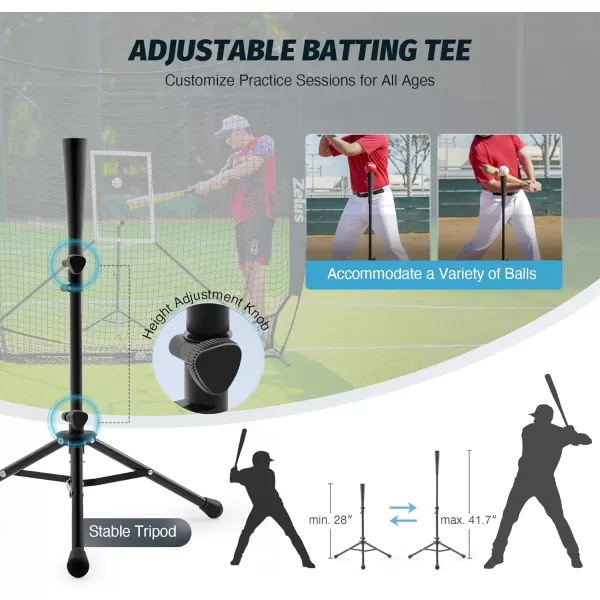 ZELUS 7x7 ft Baseball Net Hitting and Pitching Net with Batting Tee 2 Strike Zone Large Ball Collection System Portable Softball Net with Carry Bag for All Skill LevelsBlack