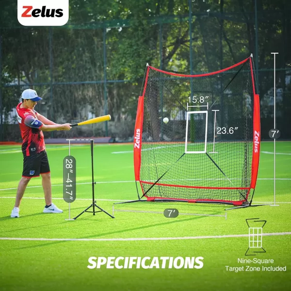 ZELUS 7x7 ft Baseball Net Hitting and Pitching Net with Batting Tee 2 Strike Zone Large Ball Collection System Portable Softball Net with Carry Bag for All Skill LevelsRed