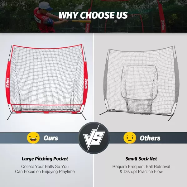 ZELUS 7x7 ft Baseball Net Hitting and Pitching Net with Batting Tee 2 Strike Zone Large Ball Collection System Portable Softball Net with Carry Bag for All Skill LevelsRed