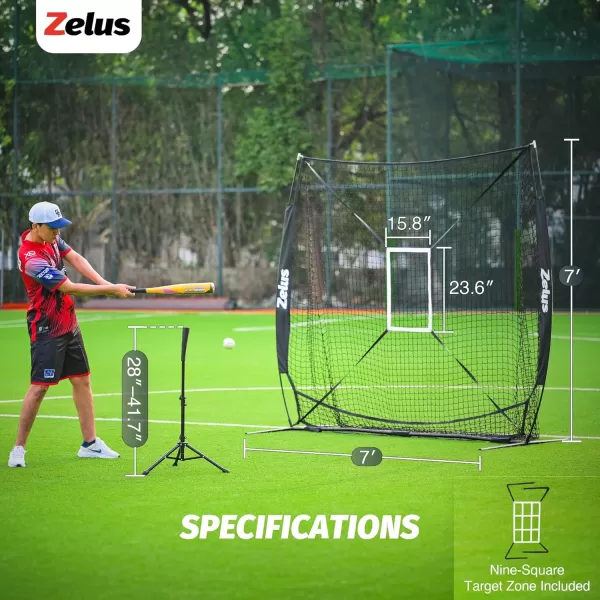 ZELUS 7x7 ft Baseball Net Hitting and Pitching Net with Batting Tee 2 Strike Zone Large Ball Collection System Portable Softball Net with Carry Bag for All Skill LevelsBlack