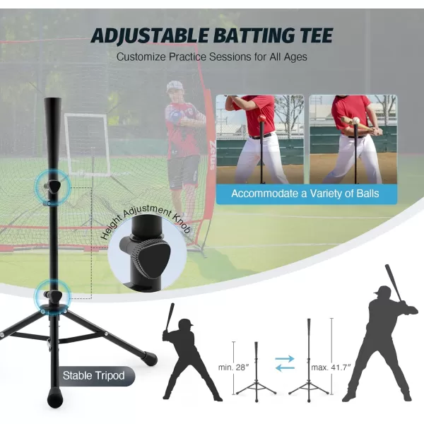 ZELUS 7x7 ft Baseball Net Hitting and Pitching Net with Batting Tee 2 Strike Zone Large Ball Collection System Portable Softball Net with Carry Bag for All Skill LevelsRed