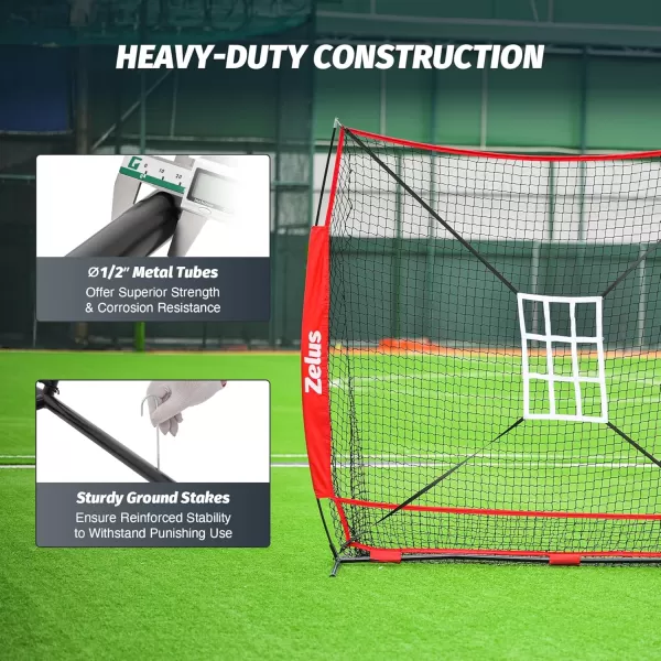 ZELUS 7x7 ft Baseball Net Hitting and Pitching Net with Batting Tee 2 Strike Zone Large Ball Collection System Portable Softball Net with Carry Bag for All Skill LevelsRed
