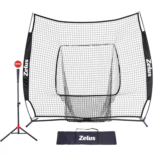 ZELUS 7x7ft Baseball Net Baseball Softball Practice Net with Tee Baseballs and Carry Bag for Batting Hitting and PitchingNet and teeBlack