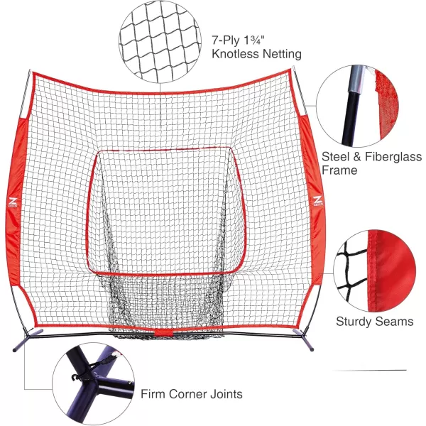 ZELUS 7x7ft Baseball Net Baseball Softball Practice Net with Tee Baseballs and Carry Bag for Batting Hitting and PitchingNet and teeRed