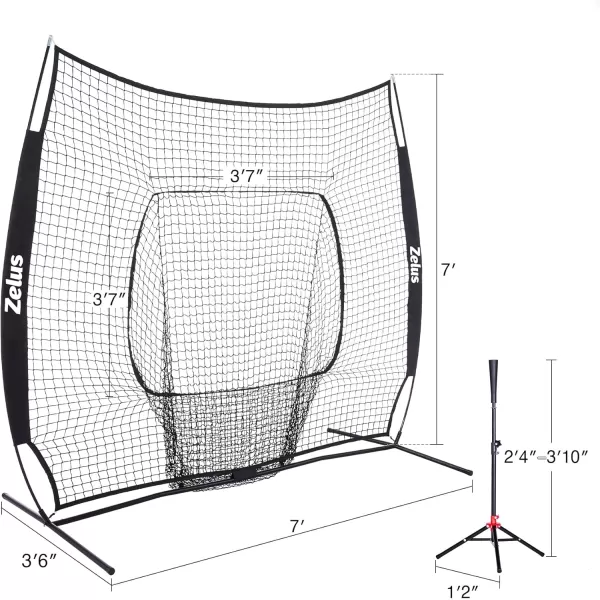 ZELUS 7x7ft Baseball Net with Tee 12 Baseballs and Carry Bag Softball and Baseball for Batting Hitting and PitchingBlack
