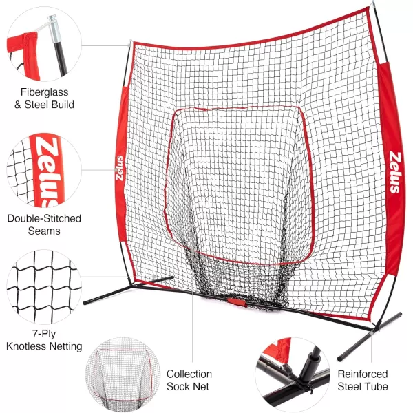 ZELUS 7x7ft Baseball Net with Tee 12 Baseballs and Carry Bag Softball and Baseball for Batting Hitting and PitchingRed
