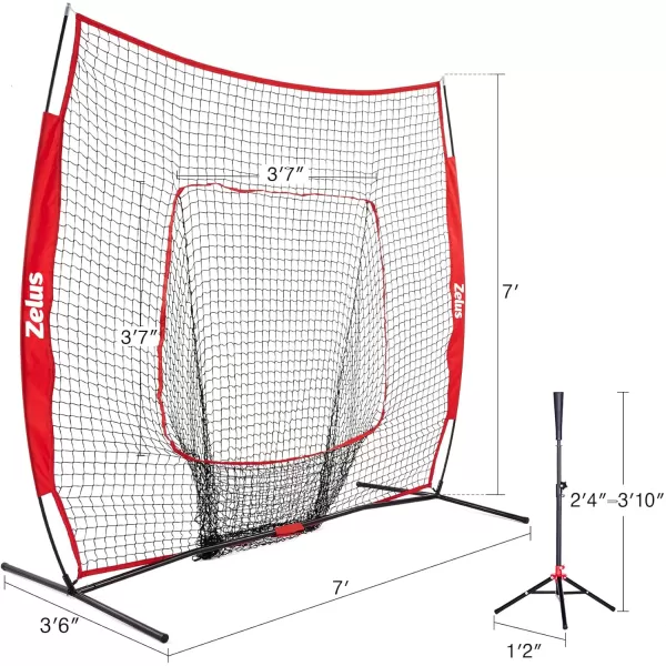 ZELUS 7x7ft Baseball Net with Tee 12 Baseballs and Carry Bag Softball and Baseball for Batting Hitting and PitchingRed