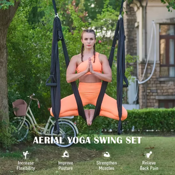 ZELUS Aerial Yoga Swing Sling Strong Yoga Hammock Kit Set Trapeze Inversion Equipment Include 2 Extensions Straps and Ceiling Mounting KitBlack