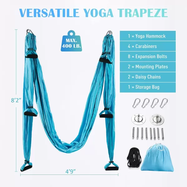 ZELUS Aerial Yoga Swing Sling Strong Yoga Hammock Kit Set Trapeze Inversion Equipment Include 2 Extensions Straps and Ceiling Mounting KitBlue