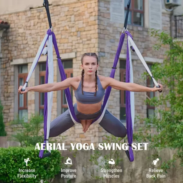 ZELUS Aerial Yoga Swing Sling Strong Yoga Hammock Kit Set Trapeze Inversion Equipment Include 2 Extensions Straps and Ceiling Mounting KitPurple and White