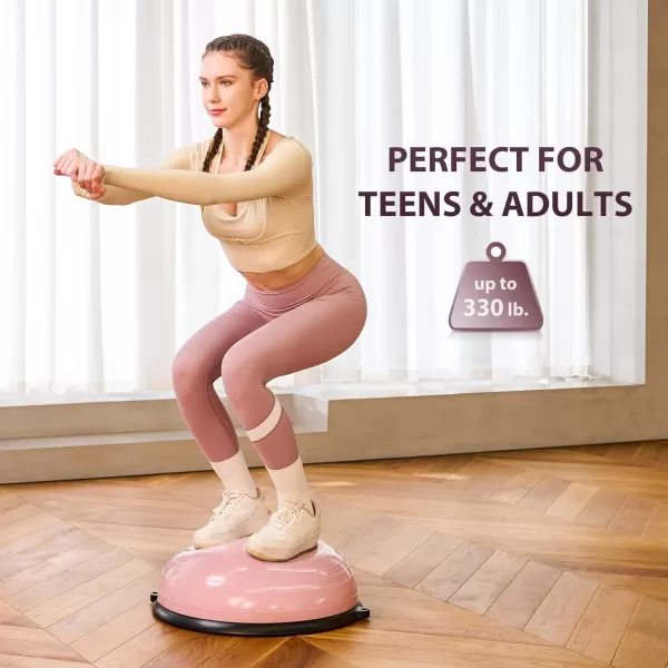 ZELUS Balance Ball Trainer with Resistance Bands and Foot Pump Inflatable Yoga Ball for Home Gym Workouts 23 Inch Exercise Half Ball for Balance Training Core Strength Fitness More 330lb CapPastel pink
