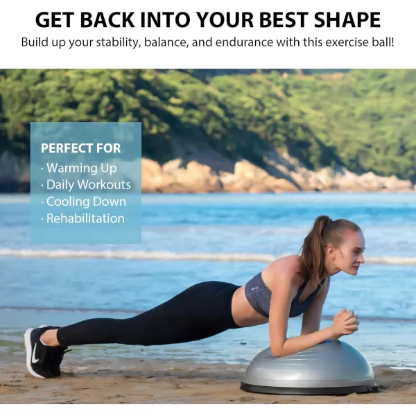 ZELUS Balance Ball Trainer with Resistance Bands and Foot Pump Inflatable Yoga Ball for Home Gym Workouts 23 Inch Exercise Half Ball for Balance Training Core Strength Fitness More 330lb CapGrey