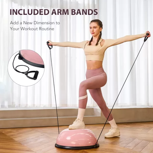 ZELUS Balance Ball Trainer with Resistance Bands and Foot Pump Inflatable Yoga Ball for Home Gym Workouts 23 Inch Exercise Half Ball for Balance Training Core Strength Fitness More 330lb CapPastel pink