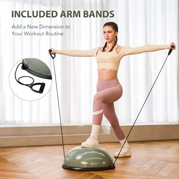 ZELUS Balance Ball Trainer with Resistance Bands and Foot Pump Inflatable Yoga Ball for Home Gym Workouts 23 Inch Exercise Half Ball for Balance Training Core Strength Fitness More 330lb CapMatcha green