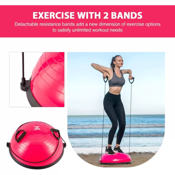 ZELUS Balance Ball Trainer with Resistance Bands and Foot Pump Inflatable Yoga Ball for Home Gym Workouts 23 Inch Exercise Half Ball for Balance Training Core Strength Fitness More 330lb CapPink