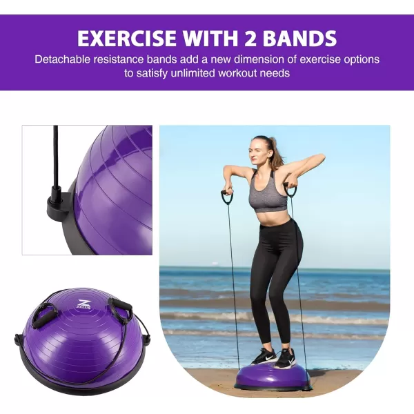 ZELUS Balance Ball Trainer with Resistance Bands and Foot Pump Inflatable Yoga Ball for Home Gym Workouts 23 Inch Exercise Half Ball for Balance Training Core Strength Fitness More 330lb CapPurple