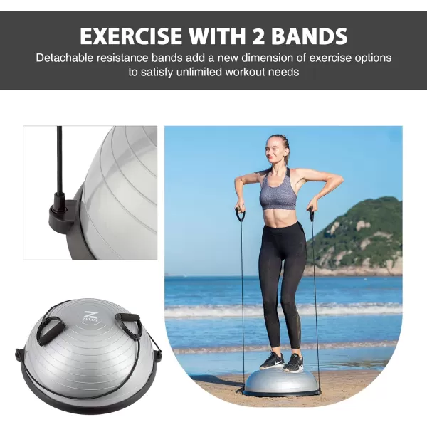 ZELUS Balance Ball Trainer with Resistance Bands and Foot Pump Inflatable Yoga Ball for Home Gym Workouts 23 Inch Exercise Half Ball for Balance Training Core Strength Fitness More 330lb CapGrey