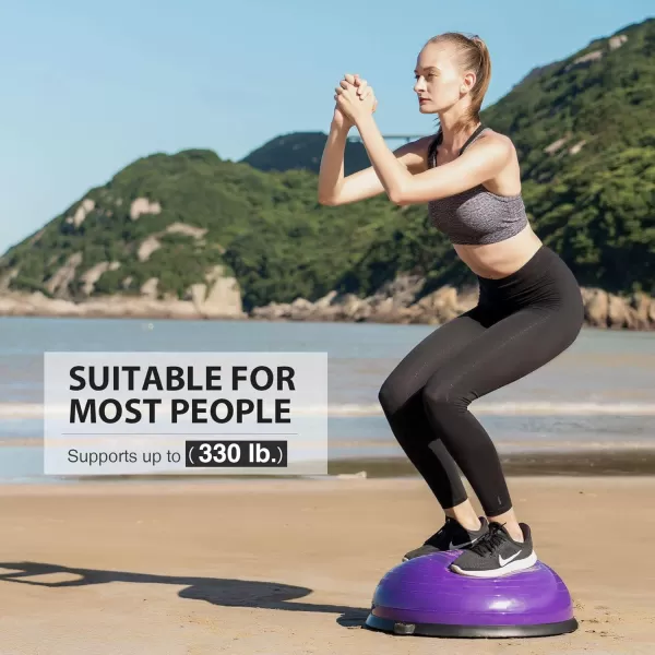 ZELUS Balance Ball Trainer with Resistance Bands and Foot Pump Inflatable Yoga Ball for Home Gym Workouts 23 Inch Exercise Half Ball for Balance Training Core Strength Fitness More 330lb CapPurple