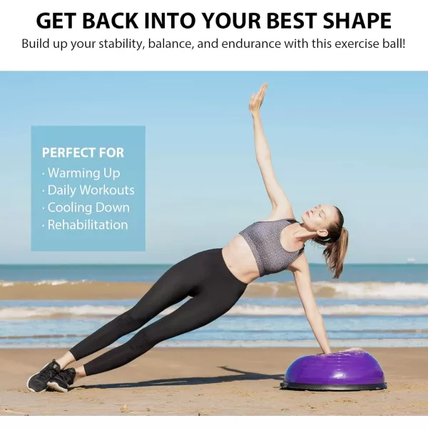 ZELUS Balance Ball Trainer with Resistance Bands and Foot Pump Inflatable Yoga Ball for Home Gym Workouts 23 Inch Exercise Half Ball for Balance Training Core Strength Fitness More 330lb CapPurple