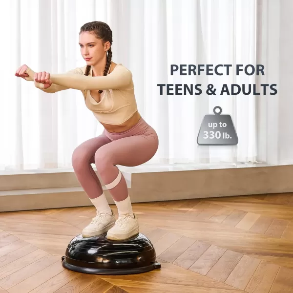 ZELUS Balance Ball Trainer with Resistance Bands and Foot Pump Inflatable Yoga Ball for Home Gym Workouts 23 Inch Exercise Half Ball for Balance Training Core Strength Fitness More 330lb CapBlack