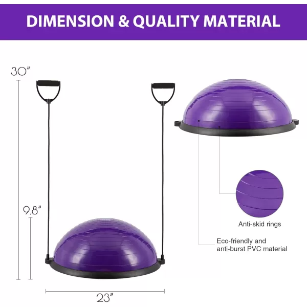 ZELUS Balance Ball Trainer with Resistance Bands and Foot Pump Inflatable Yoga Ball for Home Gym Workouts 23 Inch Exercise Half Ball for Balance Training Core Strength Fitness More 330lb CapPurple