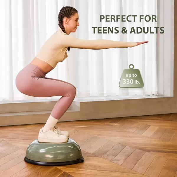 ZELUS Balance Ball Trainer with Resistance Bands and Foot Pump Inflatable Yoga Ball for Home Gym Workouts 23 Inch Exercise Half Ball for Balance Training Core Strength Fitness More 330lb CapMatcha green