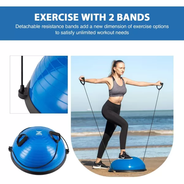 ZELUS Balance Ball Trainer with Resistance Bands and Foot Pump Inflatable Yoga Ball for Home Gym Workouts 23 Inch Exercise Half Ball for Balance Training Core Strength Fitness More 330lb CapBlue
