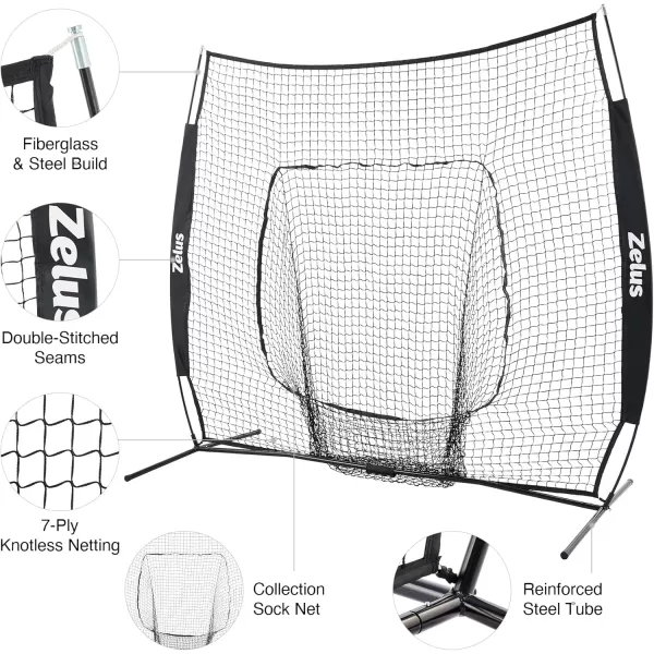 ZELUS Baseball Net Kit with Baseball Tee and Sock Net 7x7ft Softball Baseball Training Equipment for Hitting and Batting Practice Portable Indoor Outdoor Pitching NetNet and ballBlack