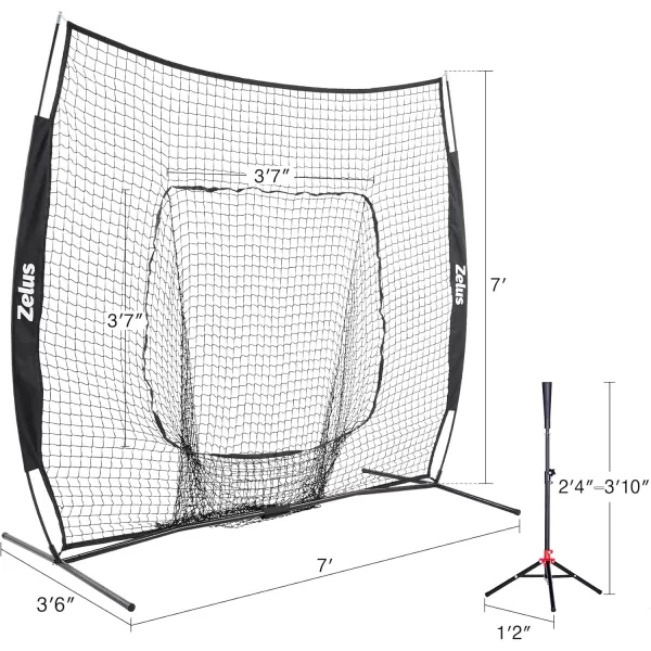 ZELUS Baseball Net Kit with Baseball Tee and Sock Net 7x7ft Softball Baseball Training Equipment for Hitting and Batting Practice Portable Indoor Outdoor Pitching NetNet and ballBlack