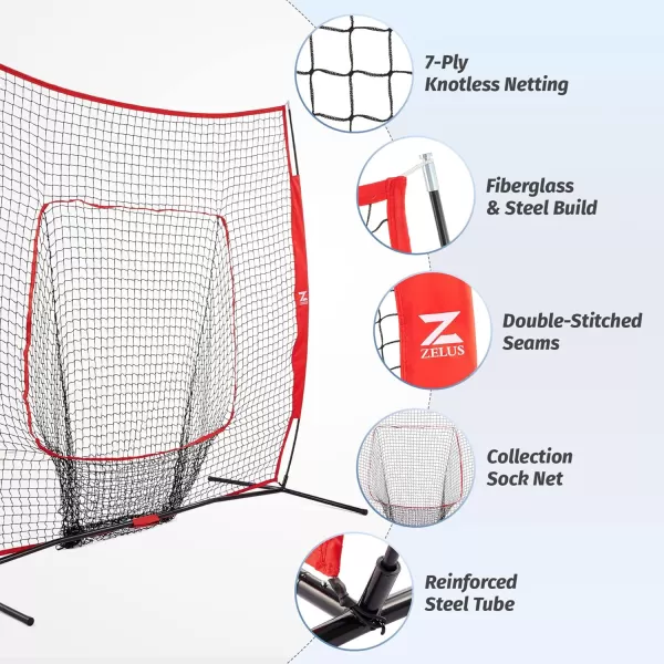 ZELUS Baseball Net Kit with Baseball Tee and Sock Net 7x7ft Softball Baseball Training Equipment for Hitting and Batting Practice Portable Indoor Outdoor Pitching NetNet and ballRed