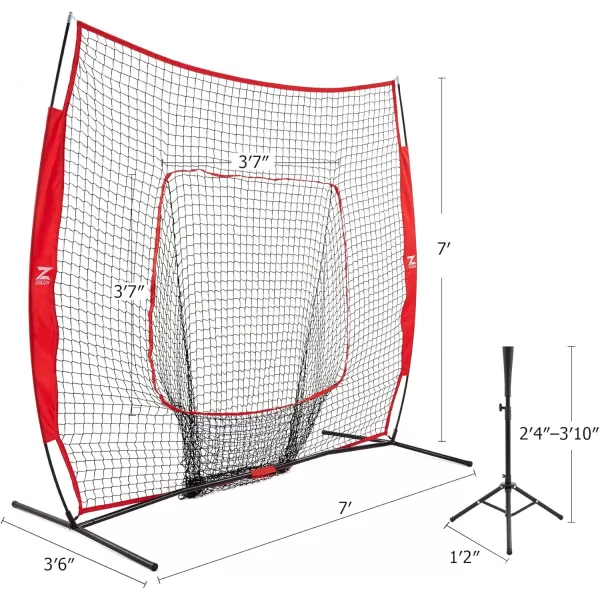 ZELUS Baseball Net Kit with Baseball Tee and Sock Net 7x7ft Softball Baseball Training Equipment for Hitting and Batting Practice Portable Indoor Outdoor Pitching NetNet and ballRed