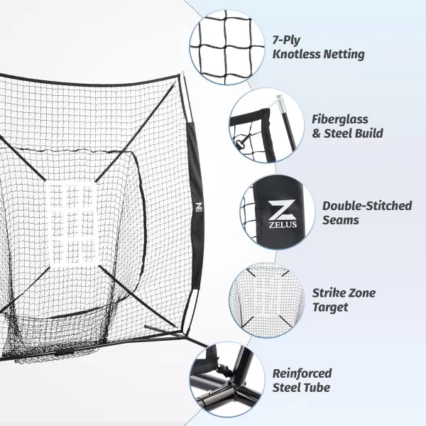 ZELUS Baseball Net Kit with Tee and Strike Zone 7x7ft Softball Training Equipment for Hitting and Pitching with Carry Bag Ball Caddy ampamp 12 Baseballs ampamp 12 28Inch 1 lb Weight Balls