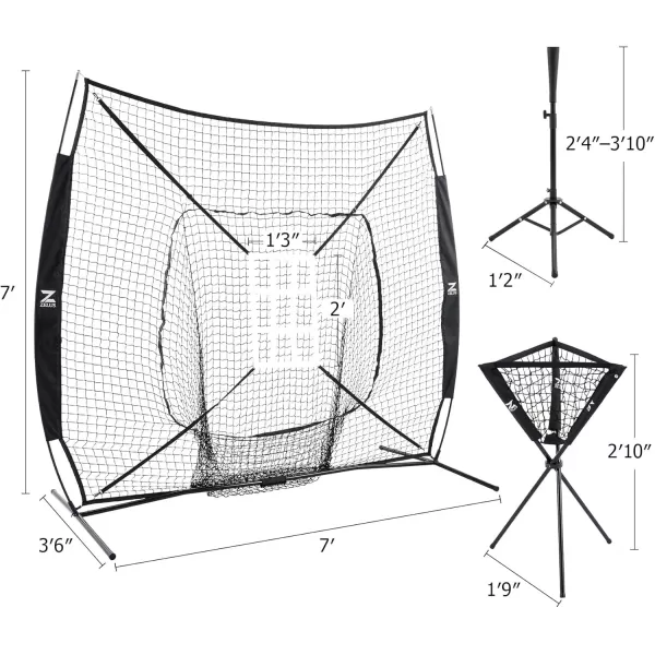 ZELUS Baseball Net Kit with Tee and Strike Zone 7x7ft Softball Training Equipment for Hitting and Pitching with Carry Bag Ball Caddy ampamp 12 Baseballs ampamp 12 28Inch 1 lb Weight Balls