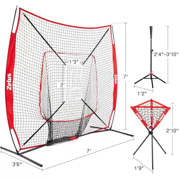 ZELUS Baseball net and tee 5x5ft 7x7ft Baseball Net for Hitting and Pitching Portable Indoor Outdoor Batting Practice Net with Carry Bag Ball Caddy ampamp Baseballs7x7 Combo Red