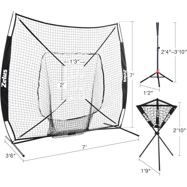ZELUS Baseball net and tee 5x5ft 7x7ft Baseball Net for Hitting and Pitching Portable Indoor Outdoor Batting Practice Net with Carry Bag Ball Caddy ampamp Baseballs7x7 Combo Black