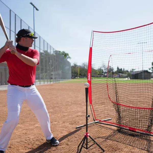ZELUS Baseball net and tee 5x5ft 7x7ft Baseball Net for Hitting and Pitching Portable Indoor Outdoor Batting Practice Net with Carry Bag Ball Caddy ampamp Baseballs7x7 Combo Red