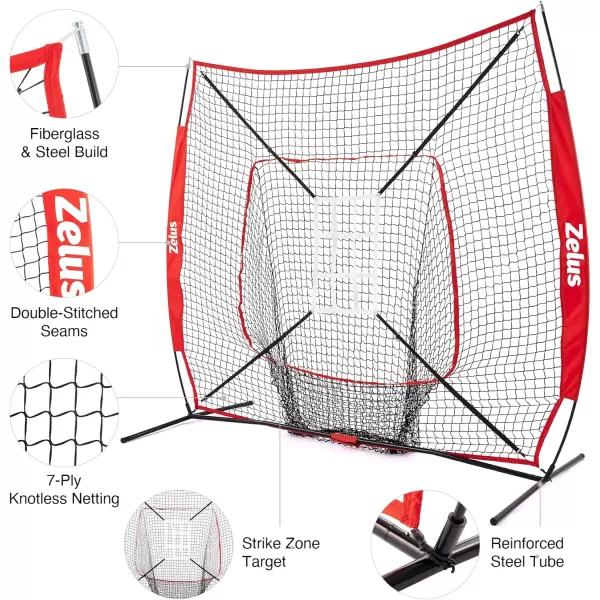 ZELUS Baseball net and tee 5x5ft 7x7ft Baseball Net for Hitting and Pitching Portable Indoor Outdoor Batting Practice Net with Carry Bag Ball Caddy ampamp Baseballs7x7 Combo Red
